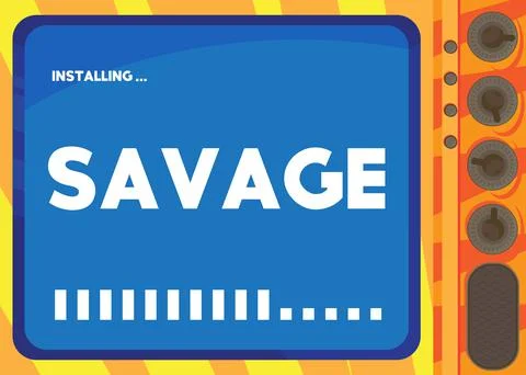 Cartoon Computer With the word Savage. Message of a screen displaying an inst Illustrazione stock