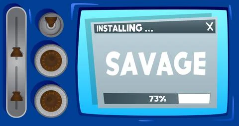 Cartoon Computer With the word Savage. Message of a screen displaying an inst Illustrazione stock
