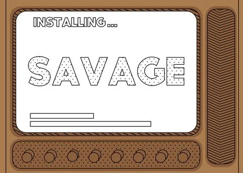 Cartoon Computer With the word Savage. Message of a screen displaying an inst Stock Illustration