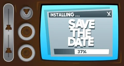 Cartoon Computer With the word Save The Date. Message of a screen displaying  Illustrazione stock