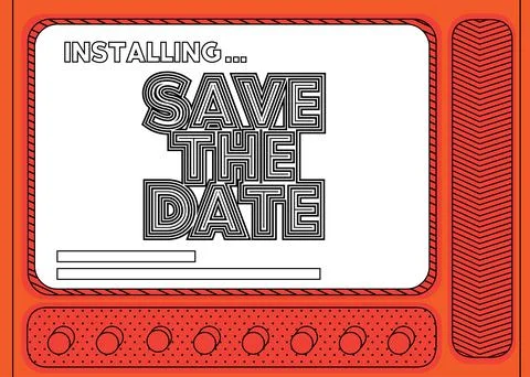 Cartoon Computer With the word Save The Date. Message of a screen displaying  Illustrazione stock