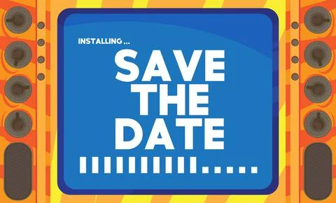 Cartoon Computer With the word Save The Date. Message of a screen displaying  Illustrazione stock