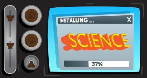 Cartoon Computer With the word Science. Message of a screen displaying an i.. Illustrazione stock