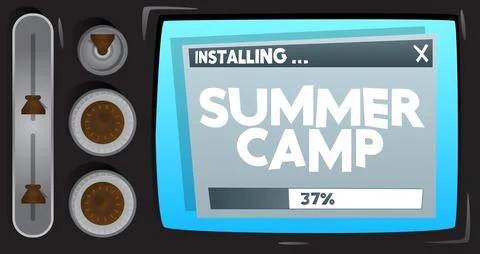 Cartoon Computer With the word Summer Camp. Message of a screen displaying an Illustrazione stock
