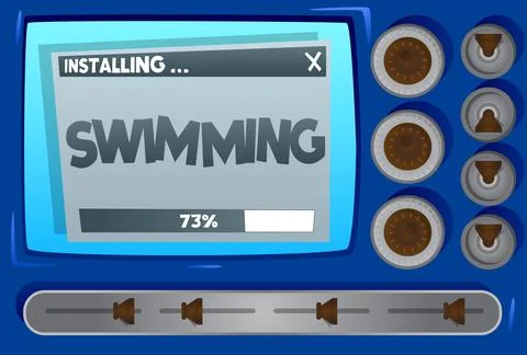 Cartoon Computer With the word Swimming. Message of a screen displaying an in Illustrazione stock