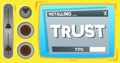 Cartoon Computer With the word Trust. Message of a screen displaying an ins.. Stock Illustration
