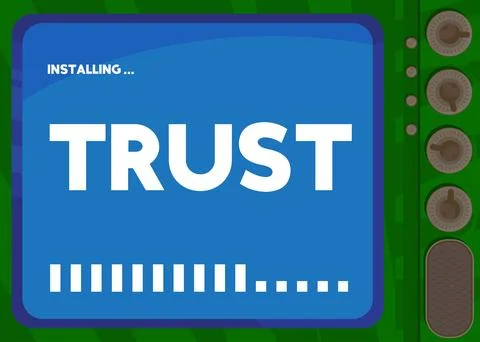 Cartoon Computer With the word Trust. Message of a screen displaying an ins.. Stock Illustration