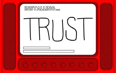 Cartoon Computer With the word Trust. Message of a screen displaying an ins.. Stock Illustration
