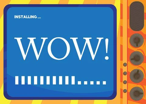 Cartoon Computer With the word Wow. Message of a screen displaying an install Stock Illustration