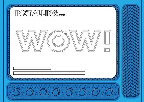 Cartoon Computer With the word Wow. Message of a screen displaying an install Stock Illustration