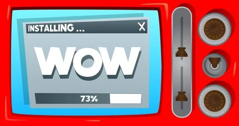 Cartoon Computer With the word Wow. Message of a screen displaying an install Stock Illustration