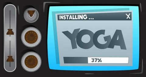 Cartoon Computer With the word Yoga. Message of a screen displaying an instal Illustrazione stock