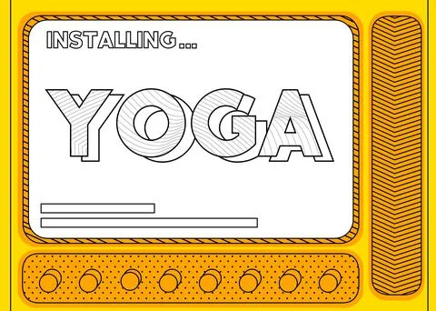 Cartoon Computer With the word Yoga. Message of a screen displaying an instal Stock Illustration