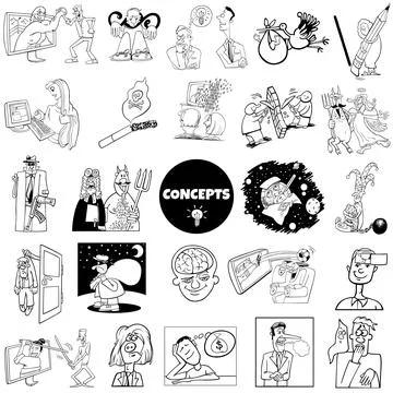 Cartoon concepts or metaphors with comic characters set Stock Illustration