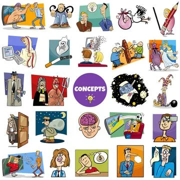 Cartoon concepts or metaphors with comic characters big set Stock Illustration