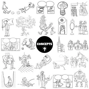 Cartoon concepts or metaphors with comic characters set Stock Illustration
