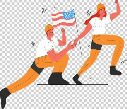 Cartoon construction duo are posing in flat design with helmets, boots and flag Stock Illustration