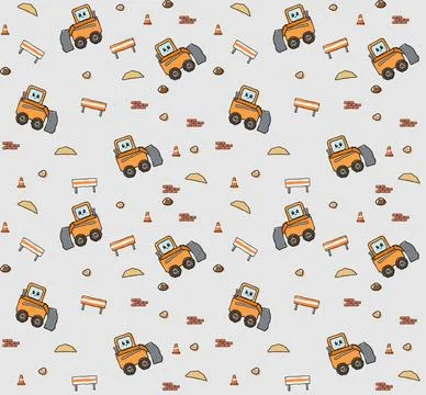 Cartoon construction loaders and roadwork icons seamless pattern for childr.. Stock Illustration