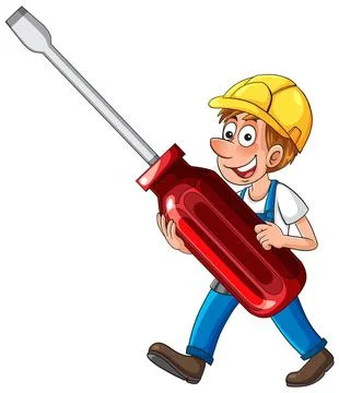 Cartoon Construction Worker Carrying Large Red Screwdriver Illustrazione stock