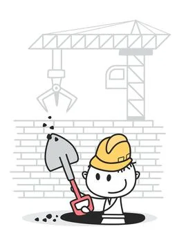 Cartoon Construction Worker Digging Hole with Shovel - Building Site Stickm.. Stock Illustration
