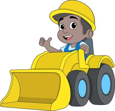 Cartoon Construction Worker Driving Yellow Bulldozer Vector Illustration Stock Illustration