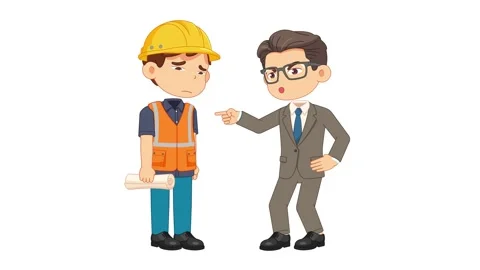 A cartoon construction worker in a hat and vest looks concerned as a manager Vídeos de archivo 344024262