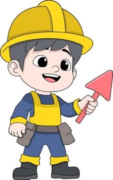 Cartoon Construction Worker Holding Direction Arrow Sign Stock Illustration