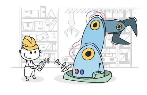 Cartoon Construction Worker Operating Robotic Arm in Factory - Industry Aut.. Stock Illustration