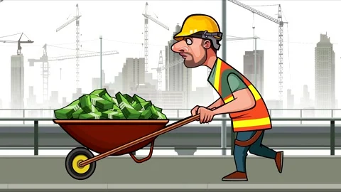 Cartoon construction worker pushing a two wheeled wheelbarrow with money 動画素材 170316396