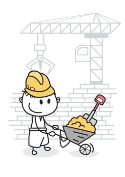 Cartoon Construction Worker Pushing Wheelbarrow with Sand - Building Site S.. Stock Illustration