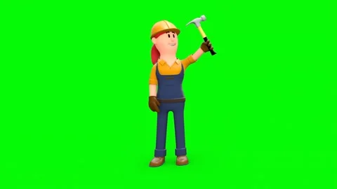 Cartoon Construction Worker Showing His Hammer Swinging Vídeo Stock 266972038