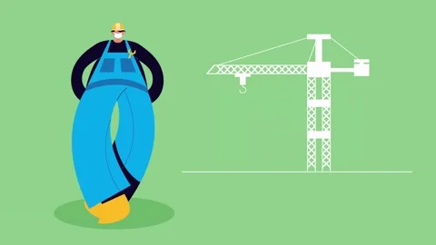 Cartoon construction worker standing next to animated tower crane icon on g.. Stock Footage 339111937