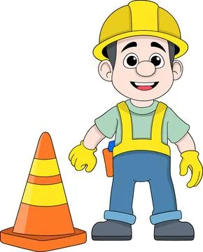 Cartoon Construction Worker Standing with Traffic Cone Vector Illustration Stock Illustration