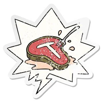 Cartoon cooked steak and fork and speech bubble distressed sticker Stock Illustration