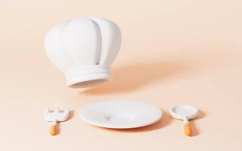 Cartoon cooking hat and tableware in the orange background, 3d rendering. Stock Illustration