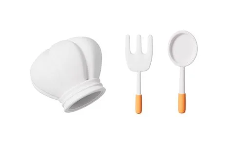 Cartoon cooking hat and tableware in the white background, 3d rendering. Stock Illustration