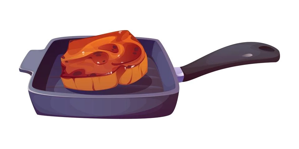 Cartoon cooking process of beef steak on grill pan イラスト素材