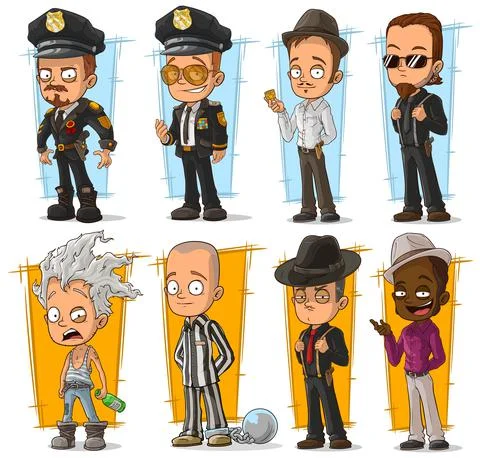 Cartoon cool policeman and gangster character set Stock Illustration