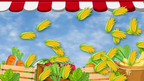 Cartoon Corn Cobs Raining Down on Farmers Market Stall Stock Footage 346274411