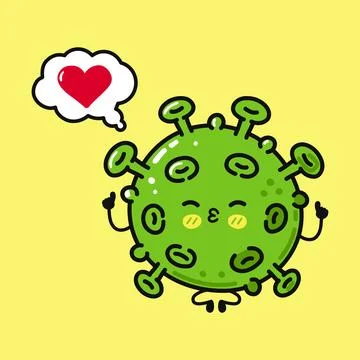 A cartoon coronavirus with a thought bubble containing a heart, expressing .. Stock Illustration