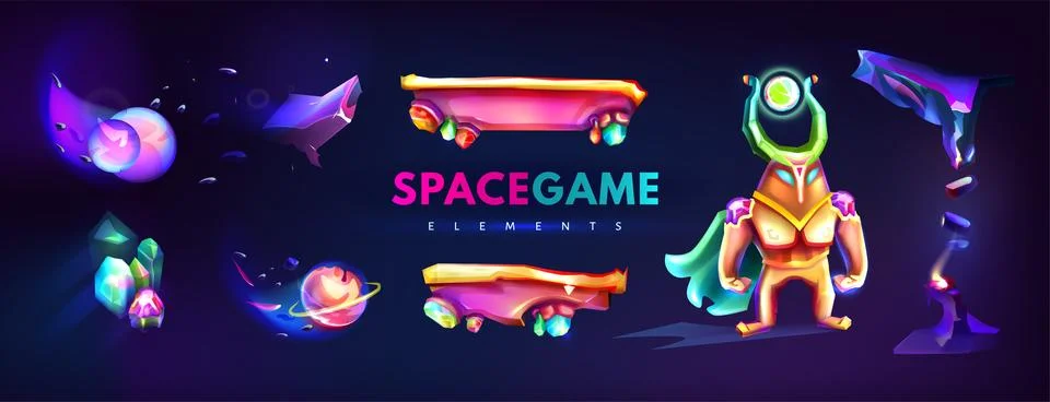 Cartoon cosmic game elements of platforms, astronaut and crystal rocks Stock Illustration