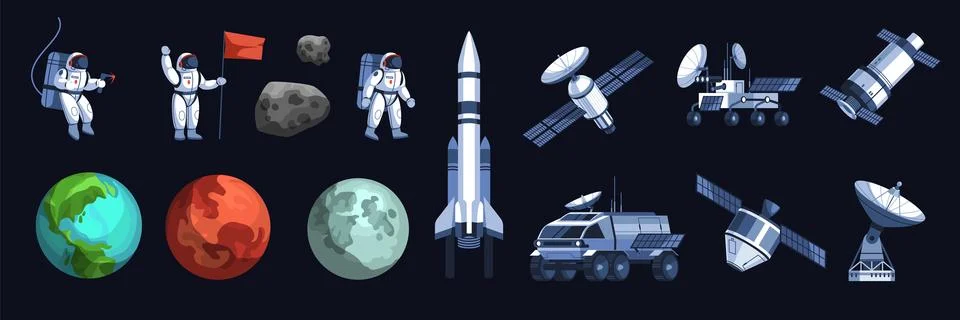 Cartoon cosmos exploration elements. Space research, rockets, satellites and Stock Illustration