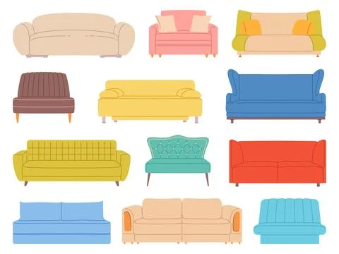 Cartoon couches and sofas. Home interior soft comfort furniture with pillows Stock Illustration
