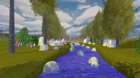 CARTOON COUNTRYSIDE STREAM &amp; TREES Vídeos de archivo 74363752