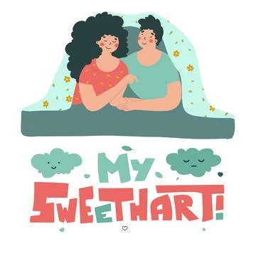 Cartoon couple, bed. Flat vector. Isolated vector illustration. Stock Illustration