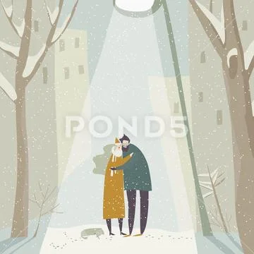 Cartoon Couple In Love Hugging On Snowing Street