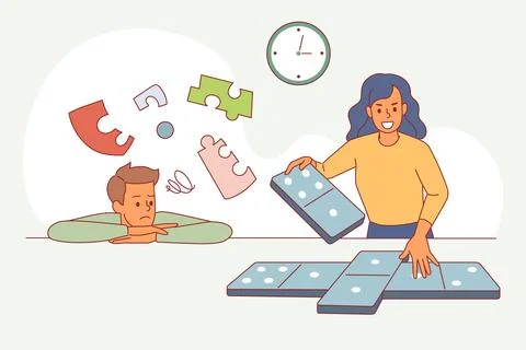Cartoon couple solves puzzles. Guy thinking about task, happy girl playing Stock Illustration