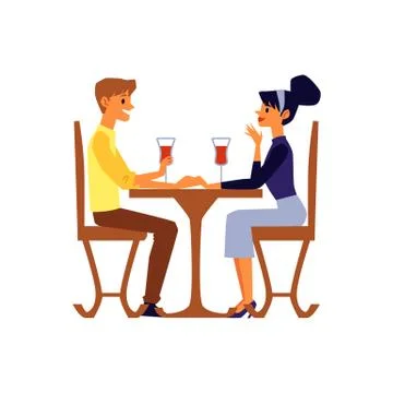 Cartoon couple talking and drinking wine sitting at restaurant table Ilustração Stock