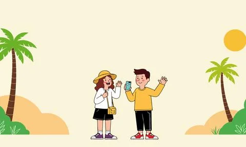 Cartoon couple on tropical vacation Иллюстрация
