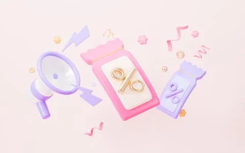 Cartoon coupon and microphone in the pink background, sales and marketing c.. Stock Illustration